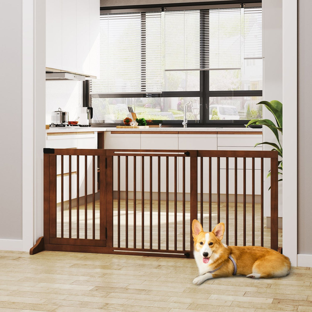 Barrier Freestanding Dog Door Gate With Door, Protective Gate Made Of Wood, Brown, 113-166X36X71Cm