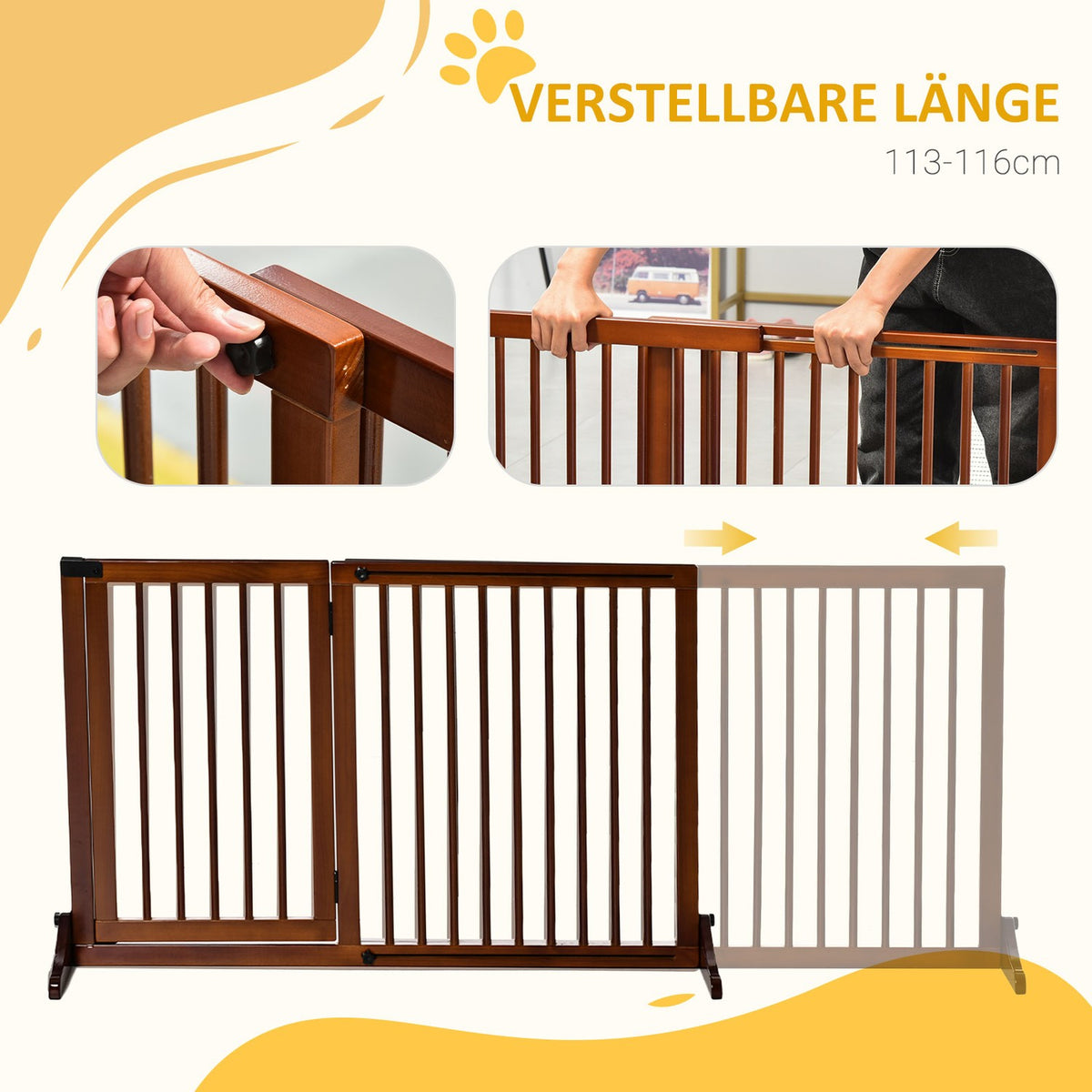 Barrier Freestanding Dog Door Gate With Door, Protective Gate Made Of Wood, Brown, 113-166X36X71Cm
