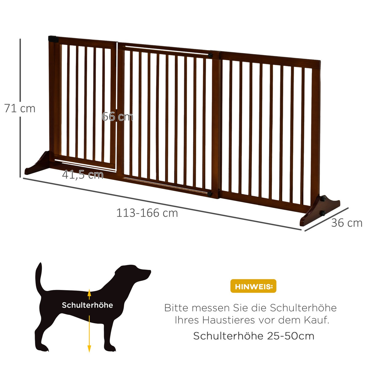 Barrier Freestanding Dog Door Gate With Door, Protective Gate Made Of Wood, Brown, 113-166X36X71Cm