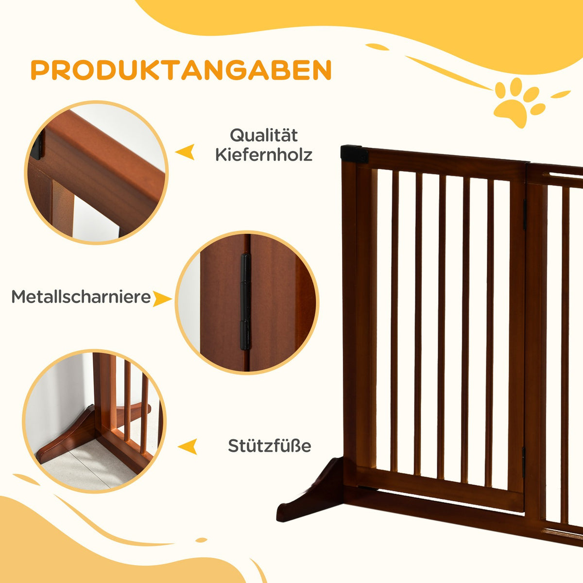 Barrier Freestanding Dog Door Gate With Door, Protective Gate Made Of Wood, Brown, 113-166X36X71Cm