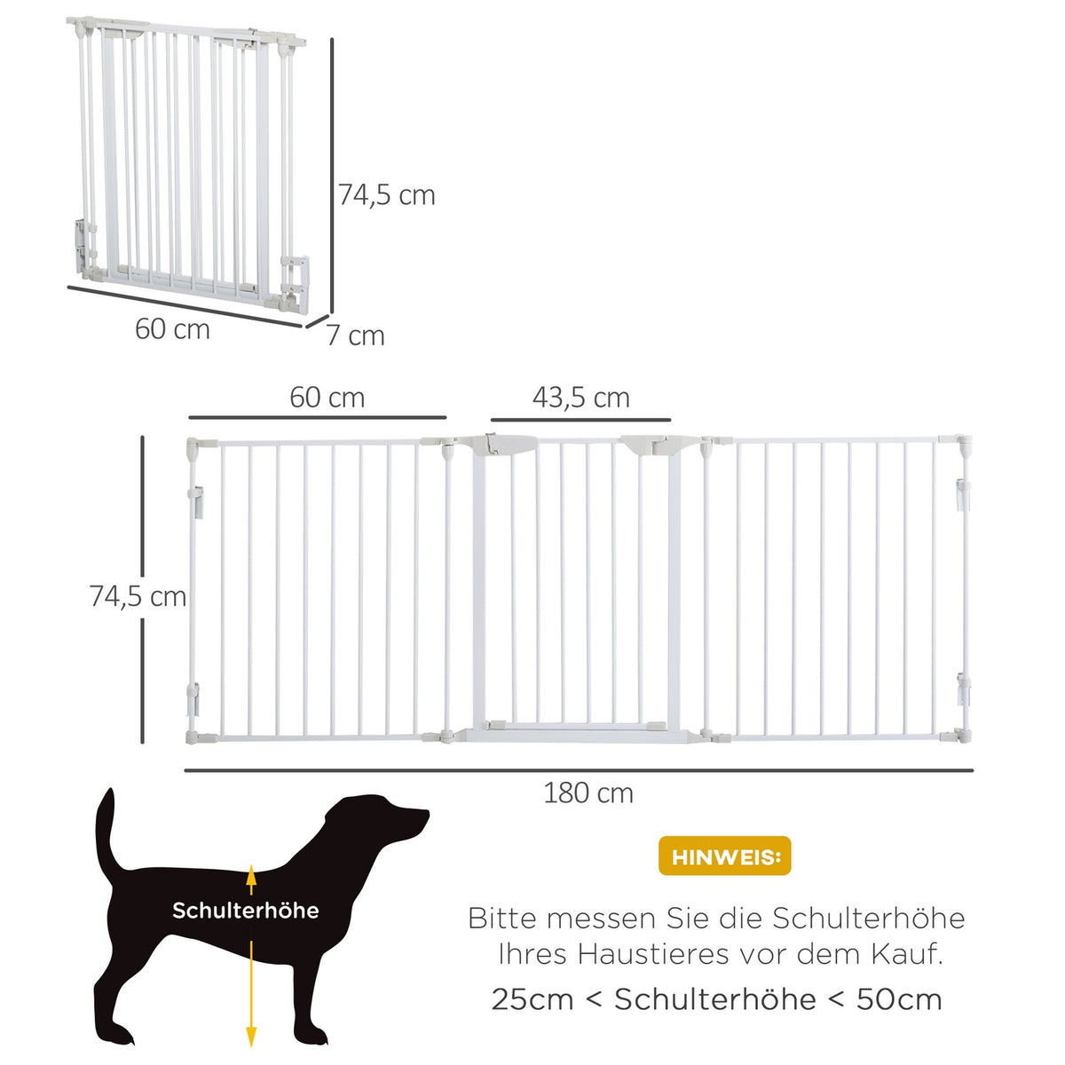 Barrier Gate For Dogs, Protective Gate, Dog Gate, Door Guard, 3 Elements Including Safety Door, Metal, Plastic, White, 180 X 3 X 74.5 Cm
