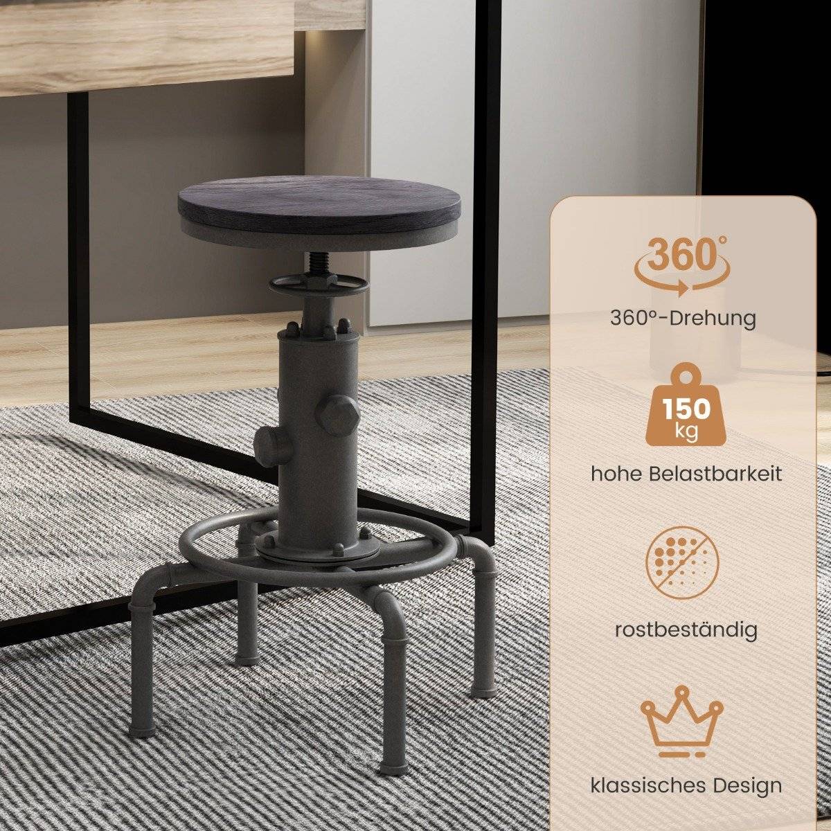 Bar stool height adjustable 59.5-75 cm bar chair made of wood and metal