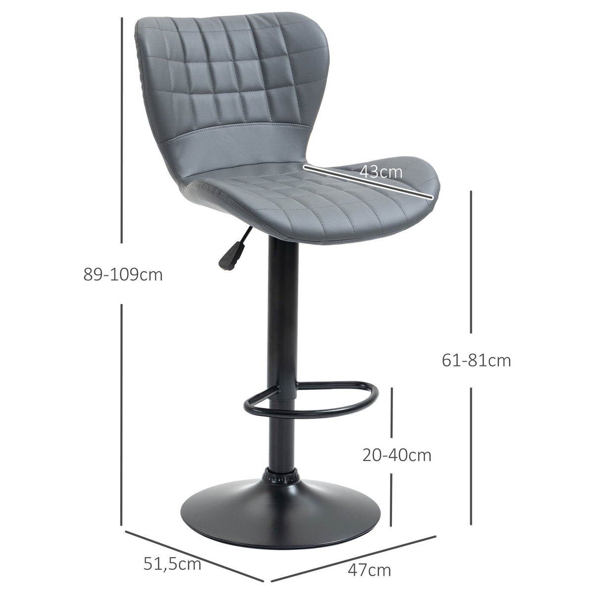 Bar stool kitchen set of 2 with backrest and footrest, height adjustable, non-slip, up to 120 kg, 47cm x 51.5 cm x 89-109 cm, gray