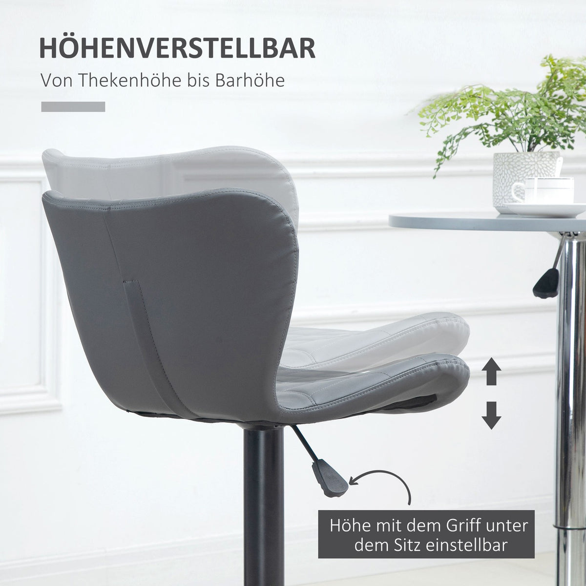 Bar stool kitchen set of 2 with backrest and footrest, height adjustable, non-slip, up to 120 kg, 47cm x 51.5 cm x 89-109 cm, gray