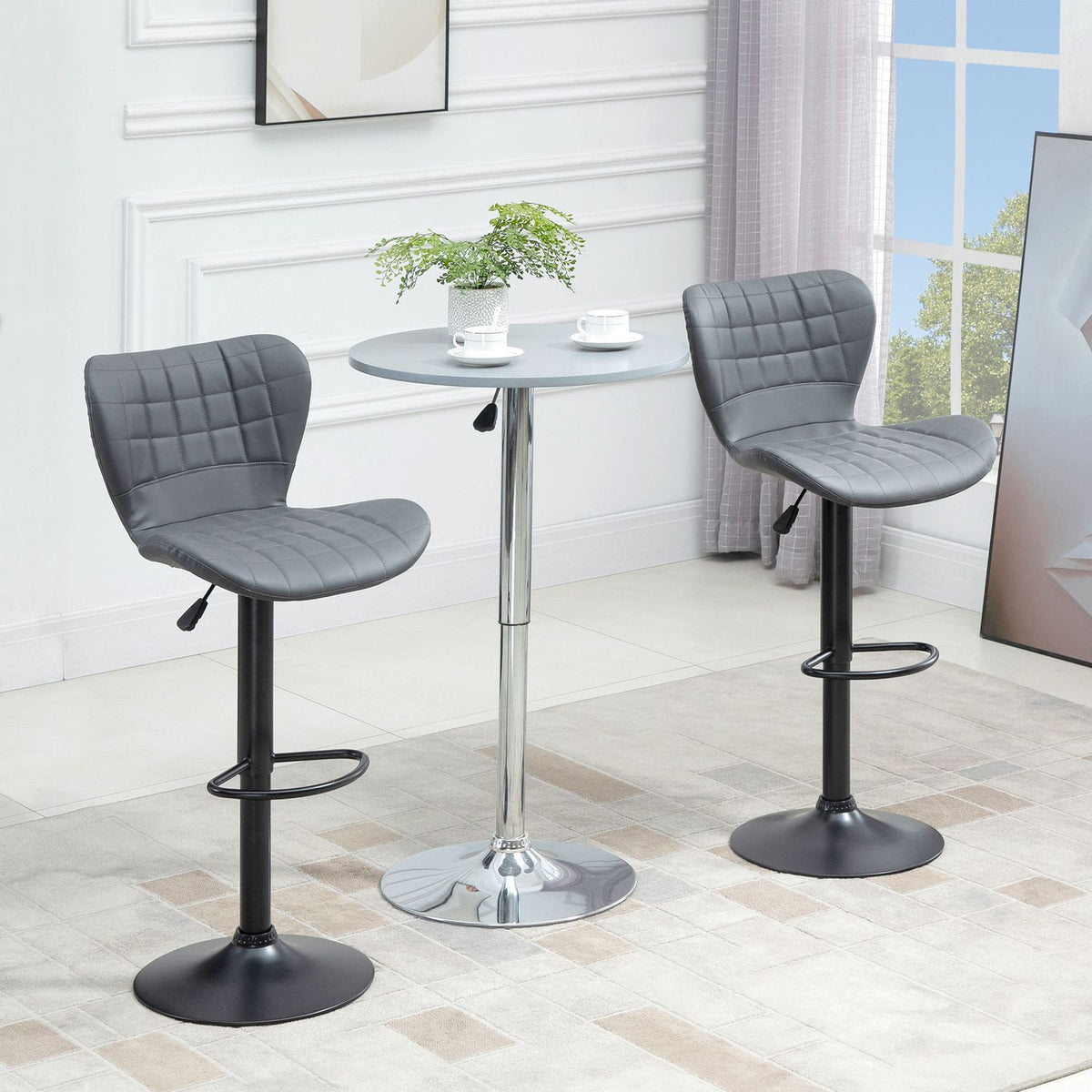 Bar stool kitchen set of 2 with backrest and footrest, height adjustable, non-slip, up to 120 kg, 47cm x 51.5 cm x 89-109 cm, gray