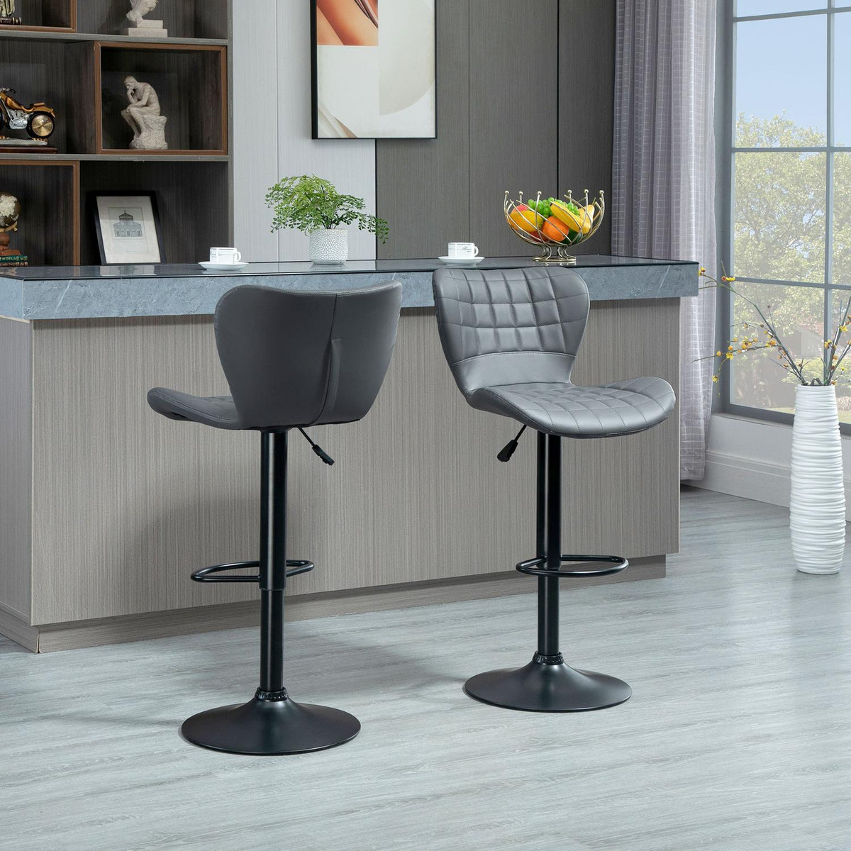 Bar stool kitchen set of 2 with backrest and footrest, height adjustable, non-slip, up to 120 kg, 47cm x 51.5 cm x 89-109 cm, gray
