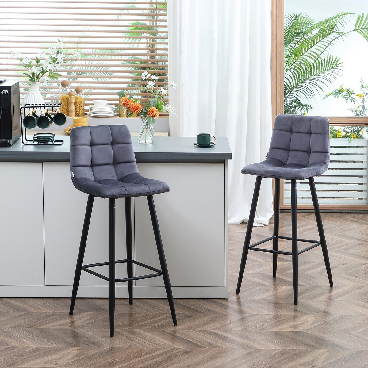 Bar stool kitchen set of 2 with non-slip foot caps, modern design, steel legs, velvet cover, up to 120 kg, 42 x 47 x 105 cm, gray