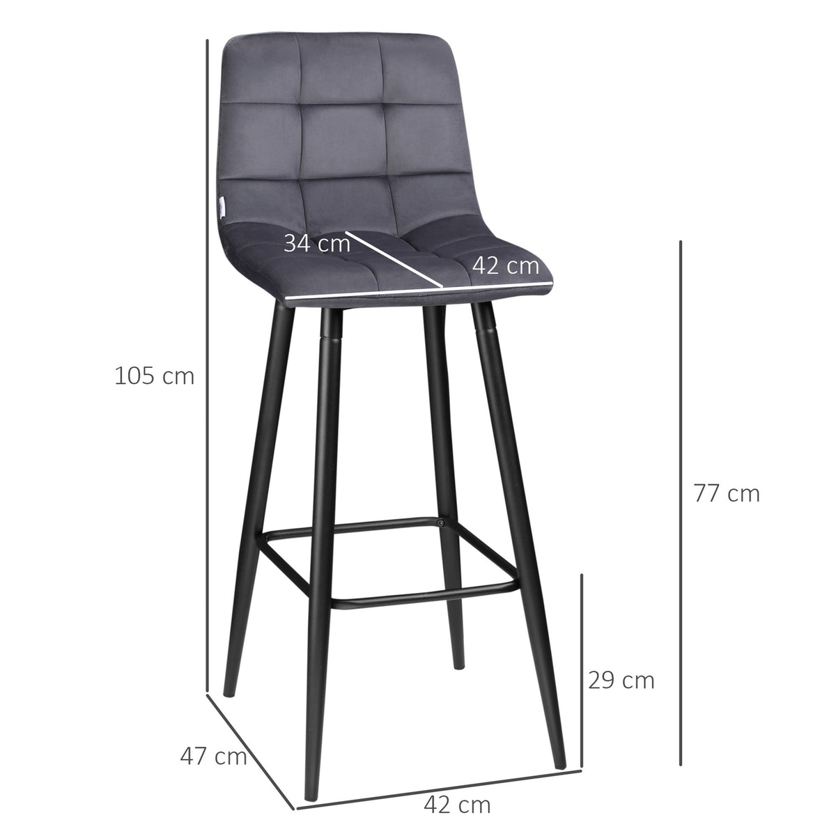 Bar stool kitchen set of 2 with non-slip foot caps, modern design, steel legs, velvet cover, up to 120 kg, 42 x 47 x 105 cm, gray