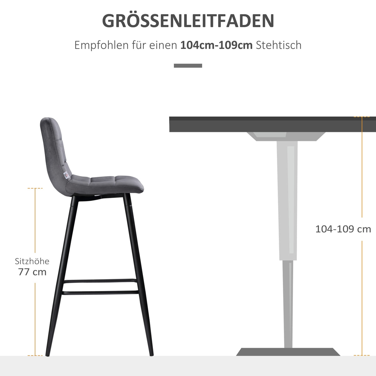 Bar stool kitchen set of 2 with non-slip foot caps, modern design, steel legs, velvet cover, up to 120 kg, 42 x 47 x 105 cm, gray
