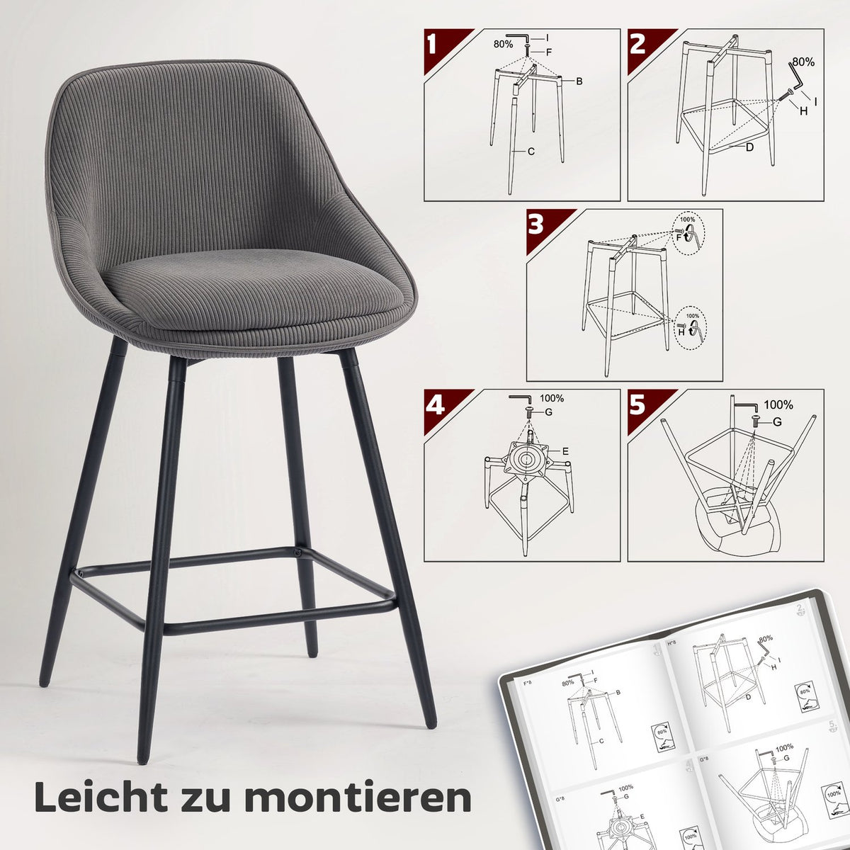 Barstools Set of 2, Cord Upholstery, Steel Legs, Gray