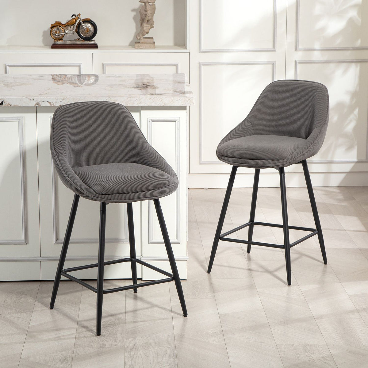 Barstools Set of 2, Cord Upholstery, Steel Legs, Gray