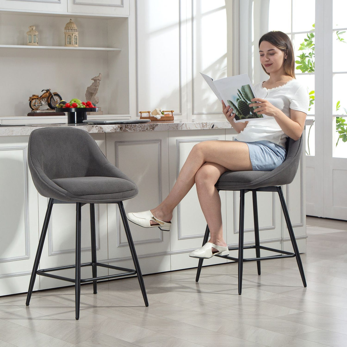 Barstools Set of 2, Cord Upholstery, Steel Legs, Gray