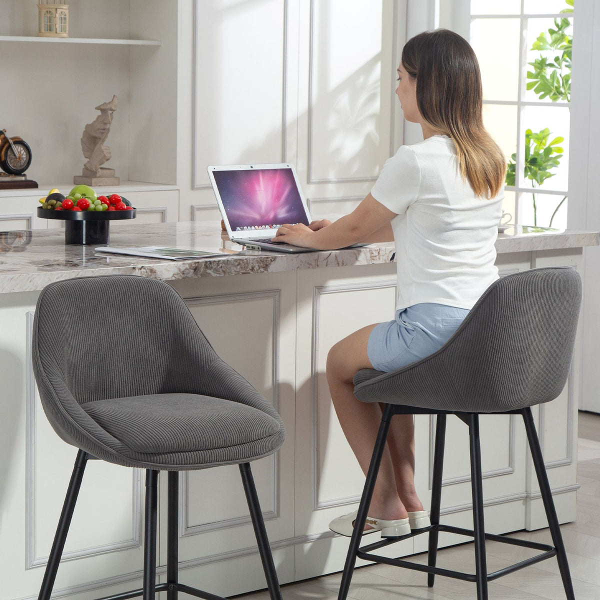 Barstools Set of 2, Cord Upholstery, Steel Legs, Gray
