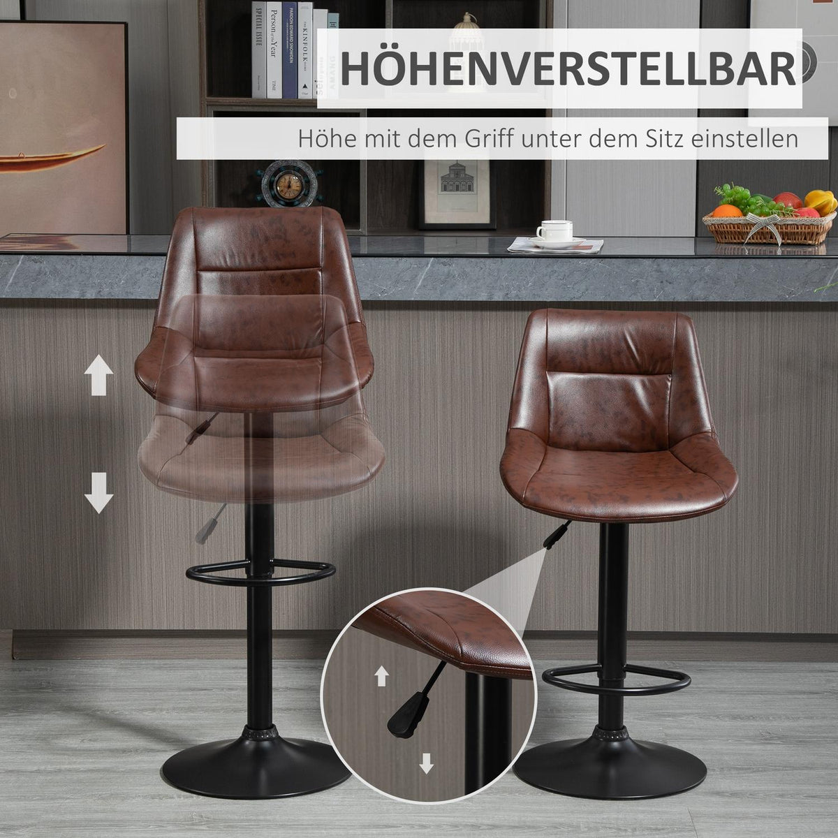 Bar stool set of 2 bar chairs with backrest, counter stool height adjustable, rotating bistro stool with footrest, faux leather, brown