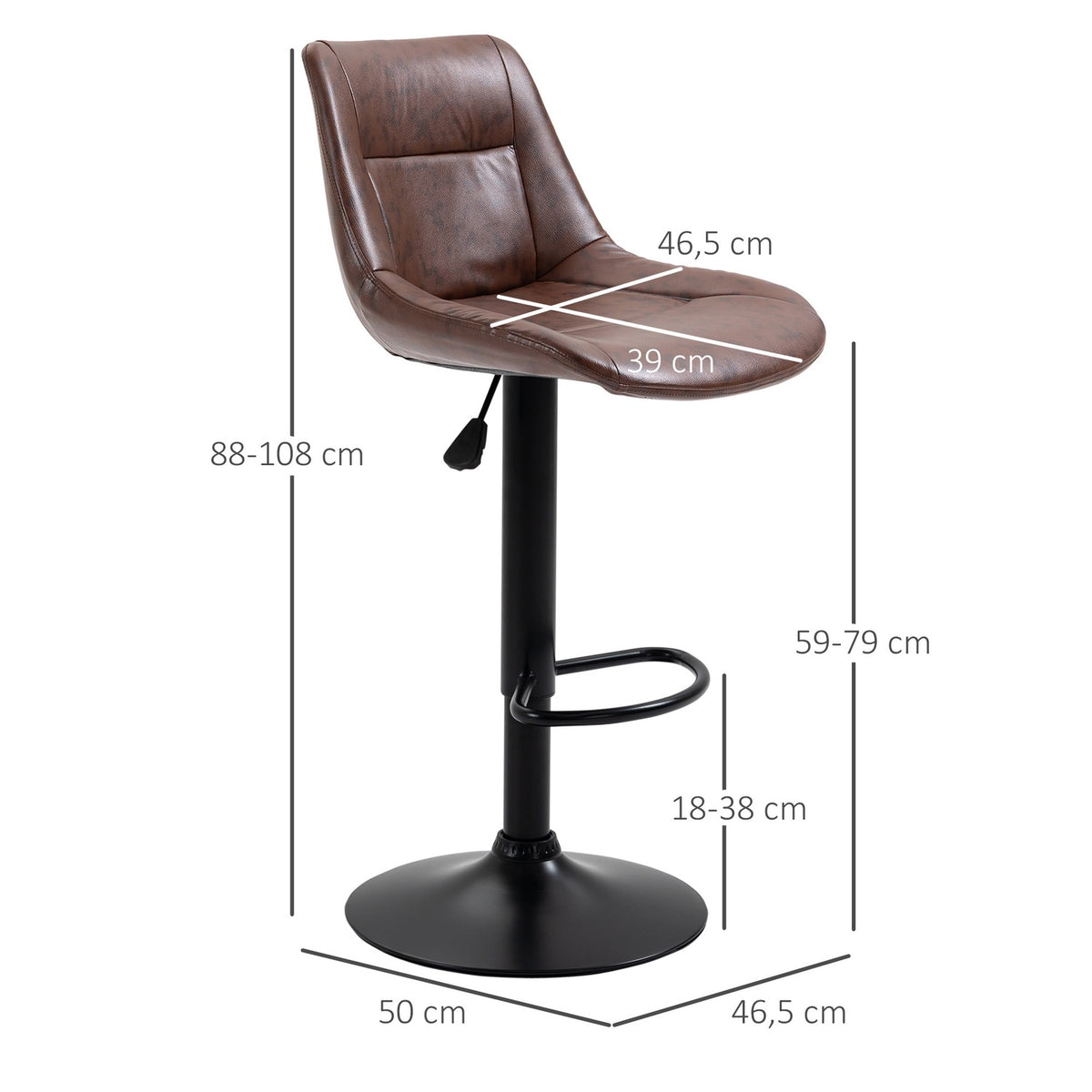 Bar stool set of 2 bar chairs with backrest, counter stool height adjustable, rotating bistro stool with footrest, faux leather, brown