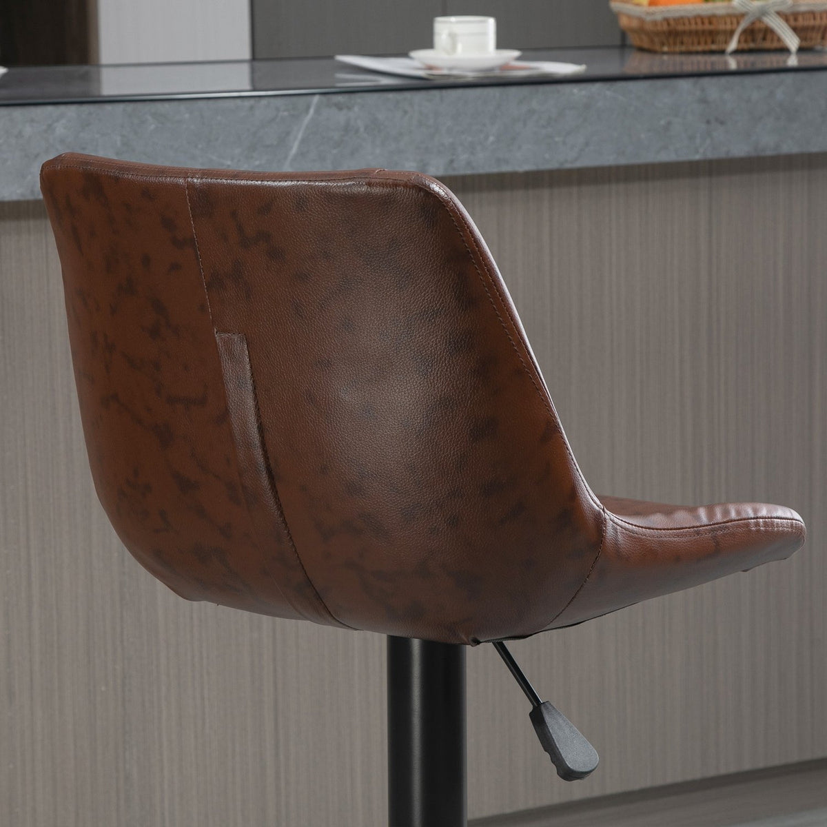 Bar stool set of 2 bar chairs with backrest, counter stool height adjustable, rotating bistro stool with footrest, faux leather, brown