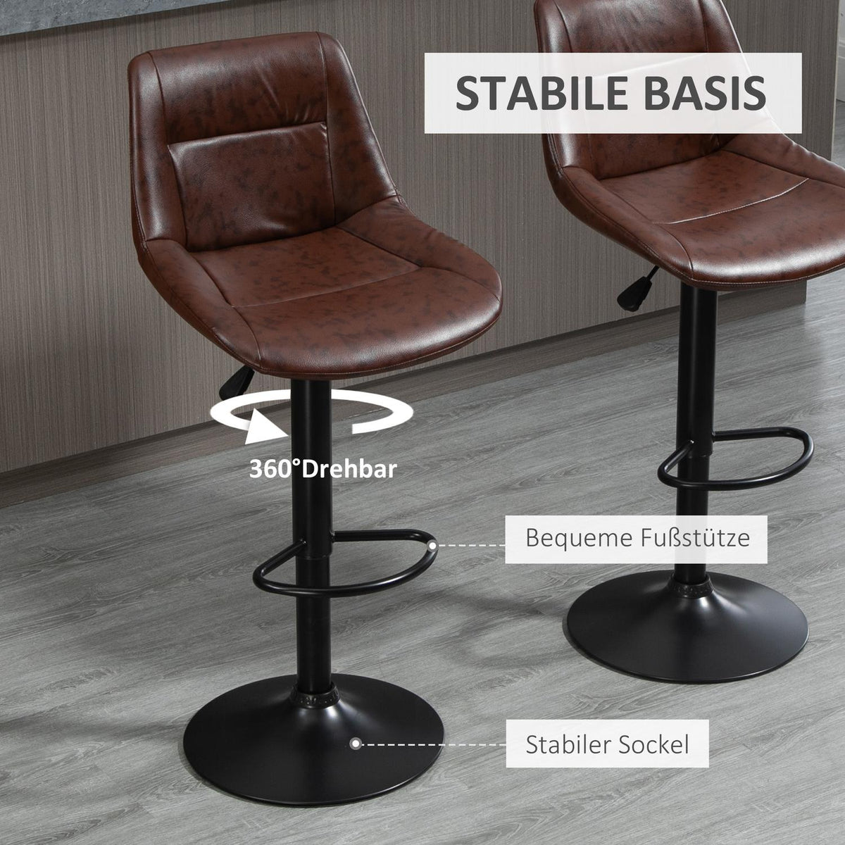 Bar stool set of 2 bar chairs with backrest, counter stool height adjustable, rotating bistro stool with footrest, faux leather, brown