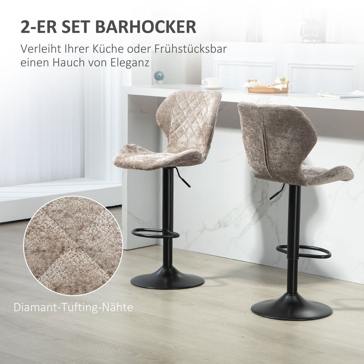 Bar stool set of 2, padded bar chair with backrest, chenille look, steel frame, height-adjustable kitchen chairs with footrest, 360° rotatable counter stool for kitchen, living room, brown