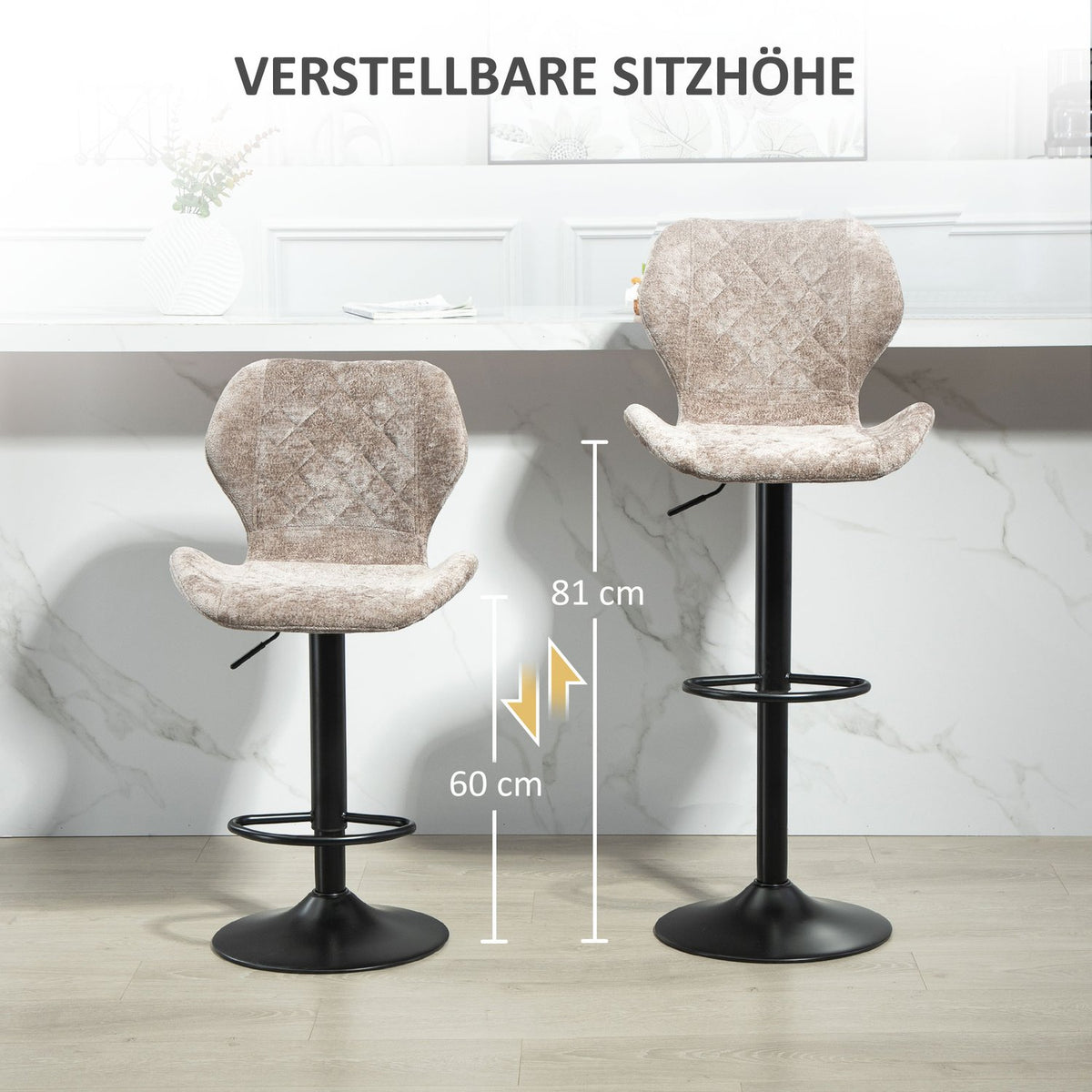 Bar stool set of 2, padded bar chair with backrest, chenille look, steel frame, height-adjustable kitchen chairs with footrest, 360° rotatable counter stool for kitchen, living room, brown