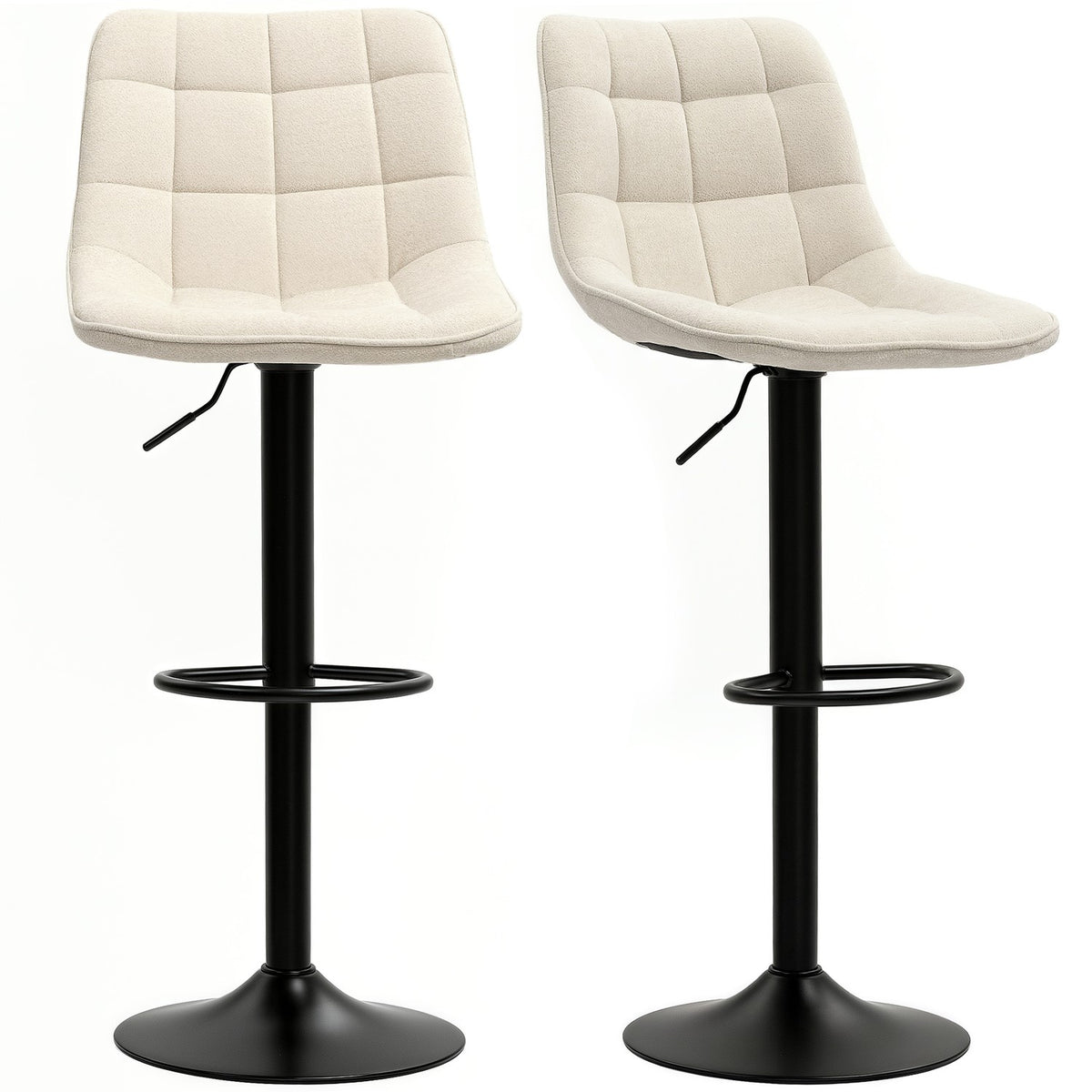 Bar stool set of 2, padded bar chair with backrest, steel frame, chenille look, height-adjustable kitchen chairs with footrest, 360° rotatable counter stool for kitchen, living room, beige