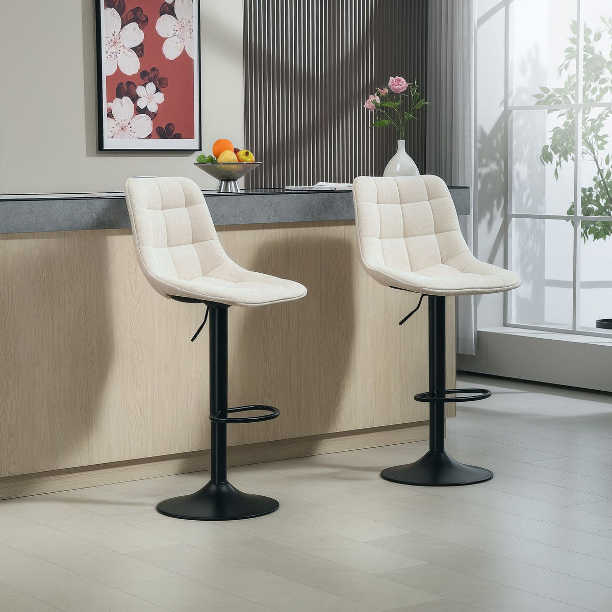 Bar stool set of 2, padded bar chair with backrest, steel frame, chenille look, height-adjustable kitchen chairs with footrest, 360° rotatable counter stool for kitchen, living room, beige