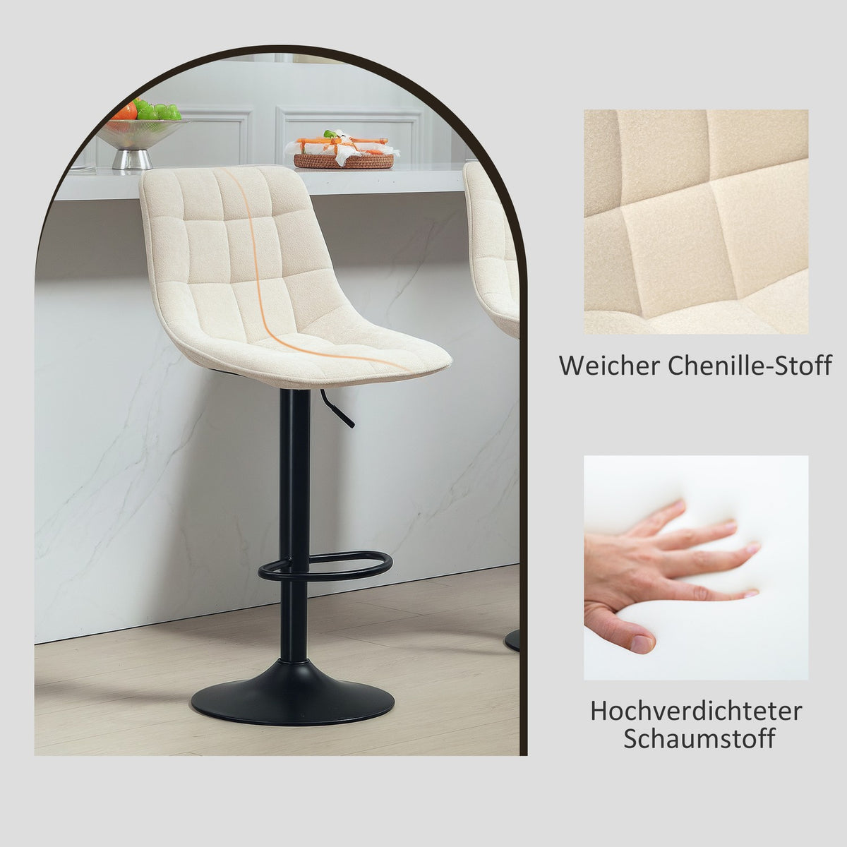 Bar stool set of 2, padded bar chair with backrest, steel frame, chenille look, height-adjustable kitchen chairs with footrest, 360° rotatable counter stool for kitchen, living room, beige