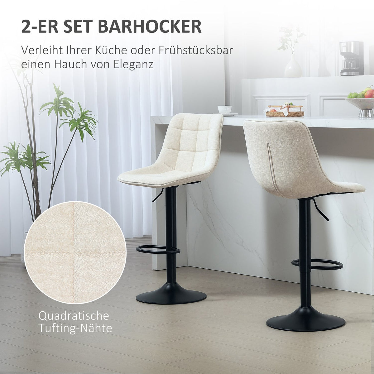 Bar stool set of 2, padded bar chair with backrest, steel frame, chenille look, height-adjustable kitchen chairs with footrest, 360° rotatable counter stool for kitchen, living room, beige