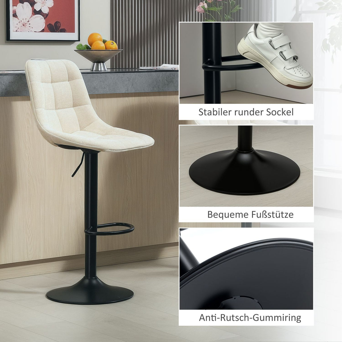 Bar stool set of 2, padded bar chair with backrest, steel frame, chenille look, height-adjustable kitchen chairs with footrest, 360° rotatable counter stool for kitchen, living room, beige