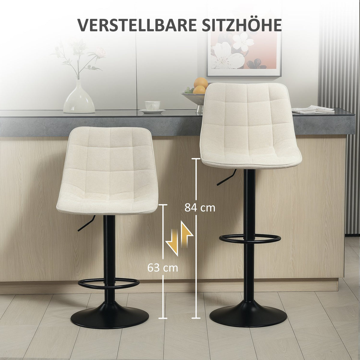 Bar stool set of 2, padded bar chair with backrest, steel frame, chenille look, height-adjustable kitchen chairs with footrest, 360° rotatable counter stool for kitchen, living room, beige