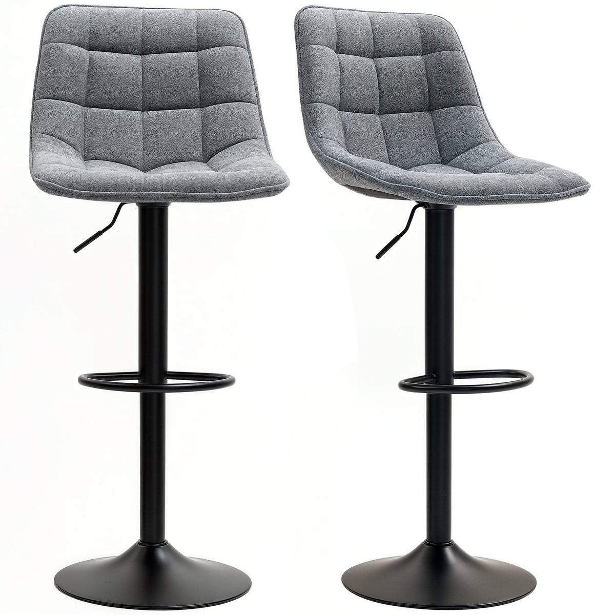 Bar stool set of 2, padded bar chair with backrest, steel frame, chenille look, height-adjustable kitchen chairs with footrest, 360° rotatable, counter stool for kitchen, living room, dark gray