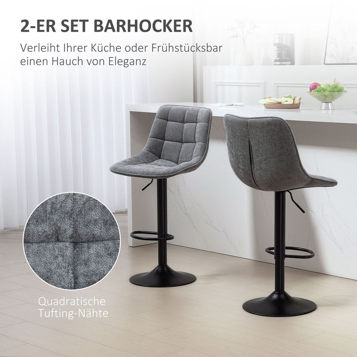 Bar stool set of 2, padded bar chair with backrest, steel frame, chenille look, height-adjustable kitchen chairs with footrest, 360° rotatable, counter stool for kitchen, living room, dark gray