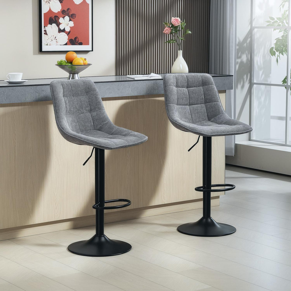 Bar stool set of 2, padded bar chair with backrest, steel frame, chenille look, height-adjustable kitchen chairs with footrest, 360° rotatable, counter stool for kitchen, living room, dark gray