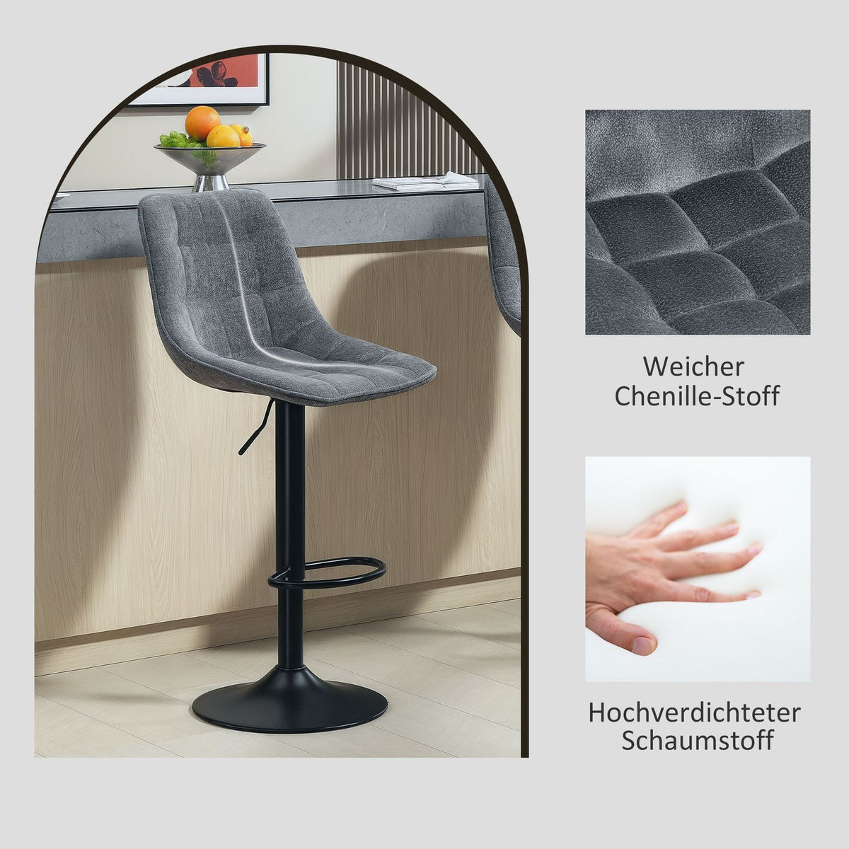 Bar stool set of 2, padded bar chair with backrest, steel frame, chenille look, height-adjustable kitchen chairs with footrest, 360° rotatable, counter stool for kitchen, living room, dark gray
