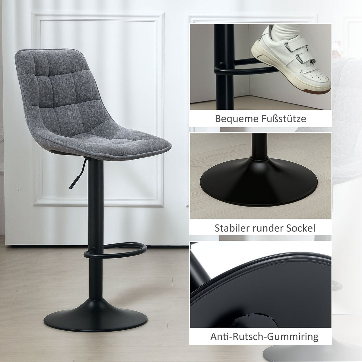 Bar stool set of 2, padded bar chair with backrest, steel frame, chenille look, height-adjustable kitchen chairs with footrest, 360° rotatable, counter stool for kitchen, living room, dark gray
