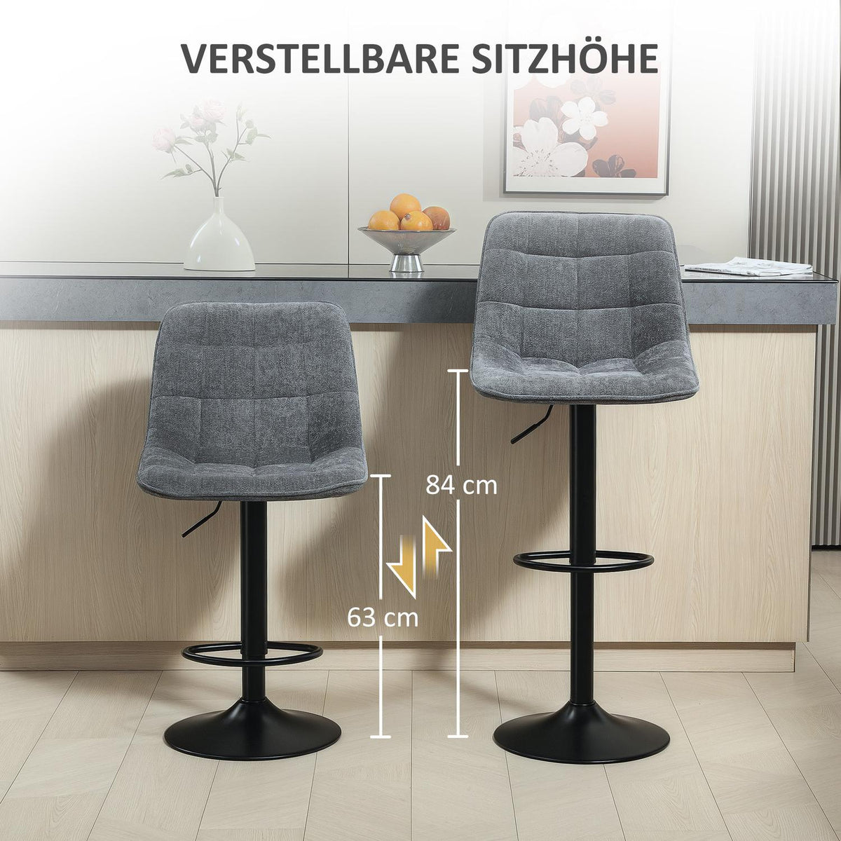 Bar stool set of 2, padded bar chair with backrest, steel frame, chenille look, height-adjustable kitchen chairs with footrest, 360° rotatable, counter stool for kitchen, living room, dark gray