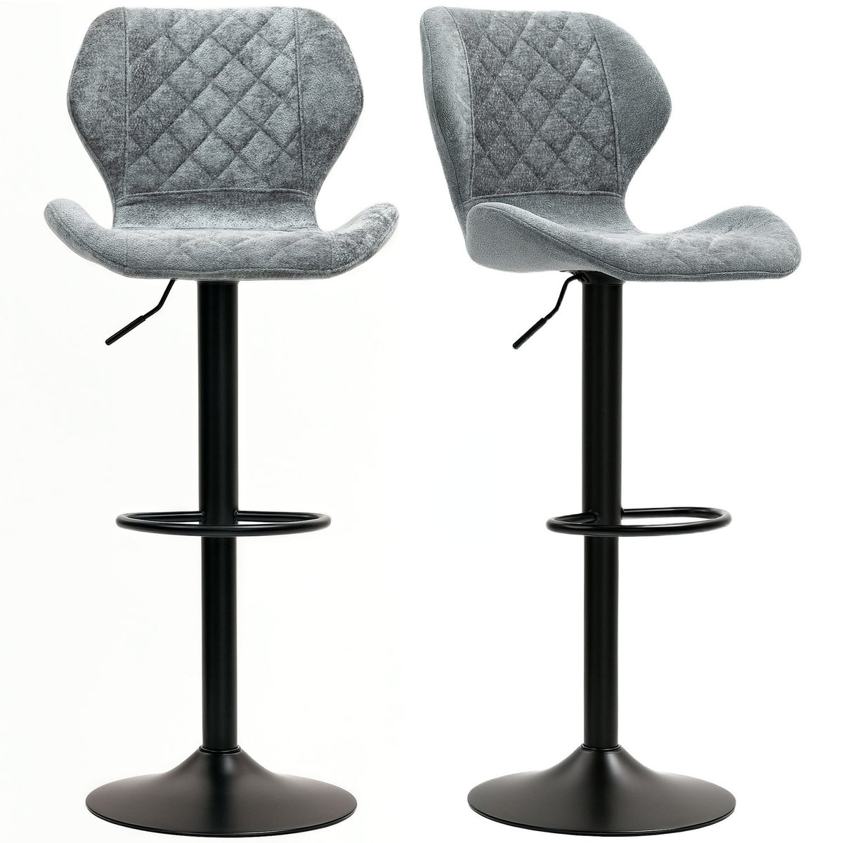 Bar stool set of 2, upholstered bar chair with backrest, chenille look, steel frame, height-adjustable kitchen chairs with footrest, 360° rotatable counter stool for kitchen, living room, dark gray