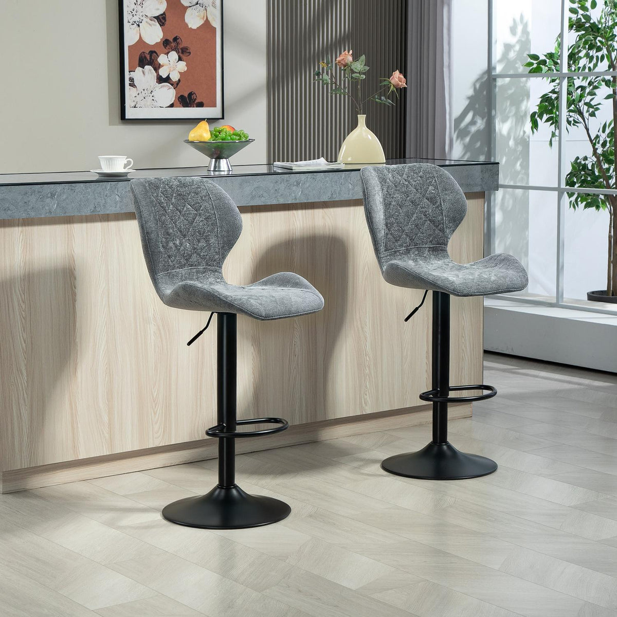 Bar stool set of 2, upholstered bar chair with backrest, chenille look, steel frame, height-adjustable kitchen chairs with footrest, 360° rotatable counter stool for kitchen, living room, dark gray