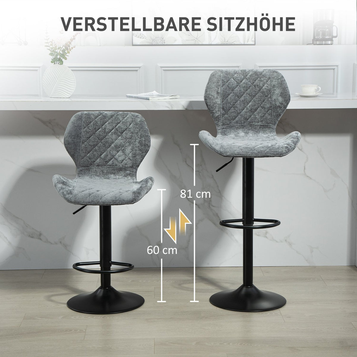 Bar stool set of 2, upholstered bar chair with backrest, chenille look, steel frame, height-adjustable kitchen chairs with footrest, 360° rotatable counter stool for kitchen, living room, dark gray