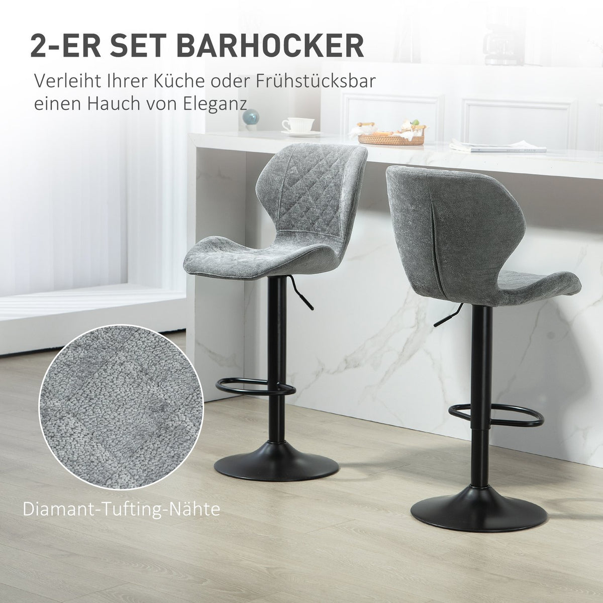 Bar stool set of 2, upholstered bar chair with backrest, chenille look, steel frame, height-adjustable kitchen chairs with footrest, 360° rotatable counter stool for kitchen, living room, dark gray
