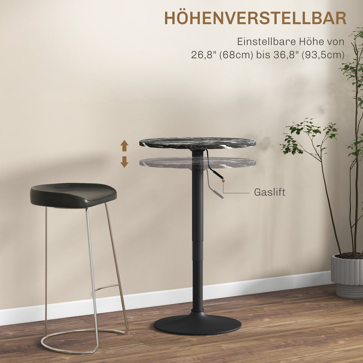 Bar table, bar table, round dining table for 2 people, kitchen table with marble look for living room, dining room, small rooms, black, Ø60 x 68-93.5cm