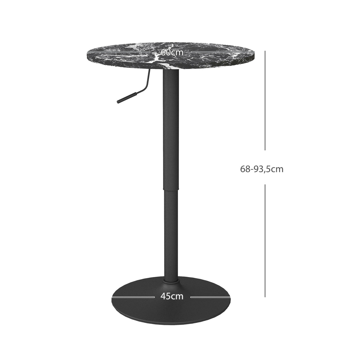 Bar table, bar table, round dining table for 2 people, kitchen table with marble look for living room, dining room, small rooms, black, Ø60 x 68-93.5cm