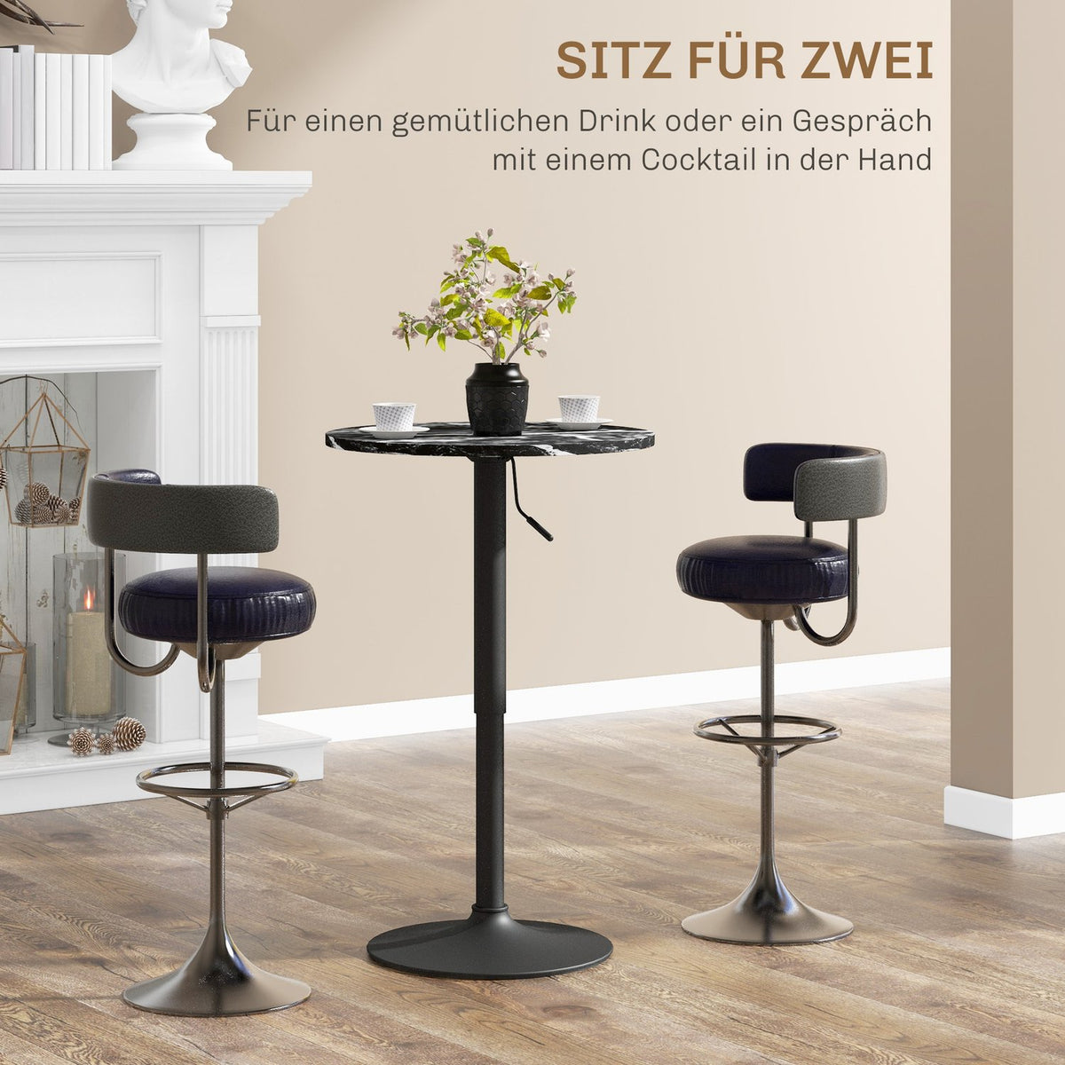 Bar table, bar table, round dining table for 2 people, kitchen table with marble look for living room, dining room, small rooms, black, Ø60 x 68-93.5cm
