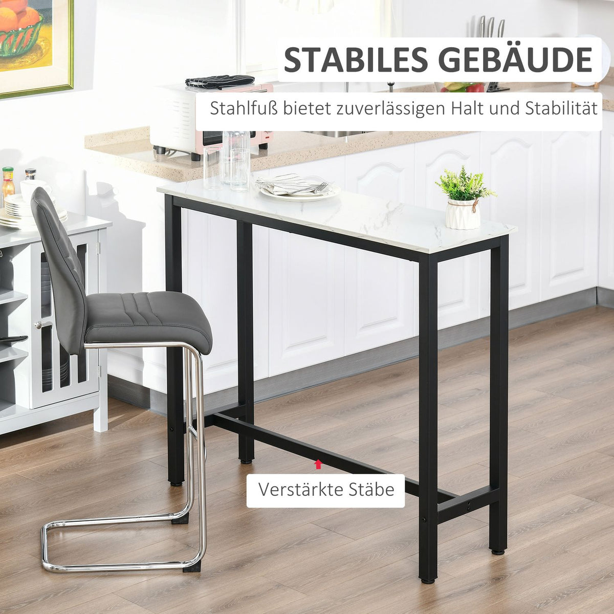 Bar table, bar table with marble look, kitchen table with adjustable feet for living room, dining room, steel 120 x 40 x 100 cm white + black