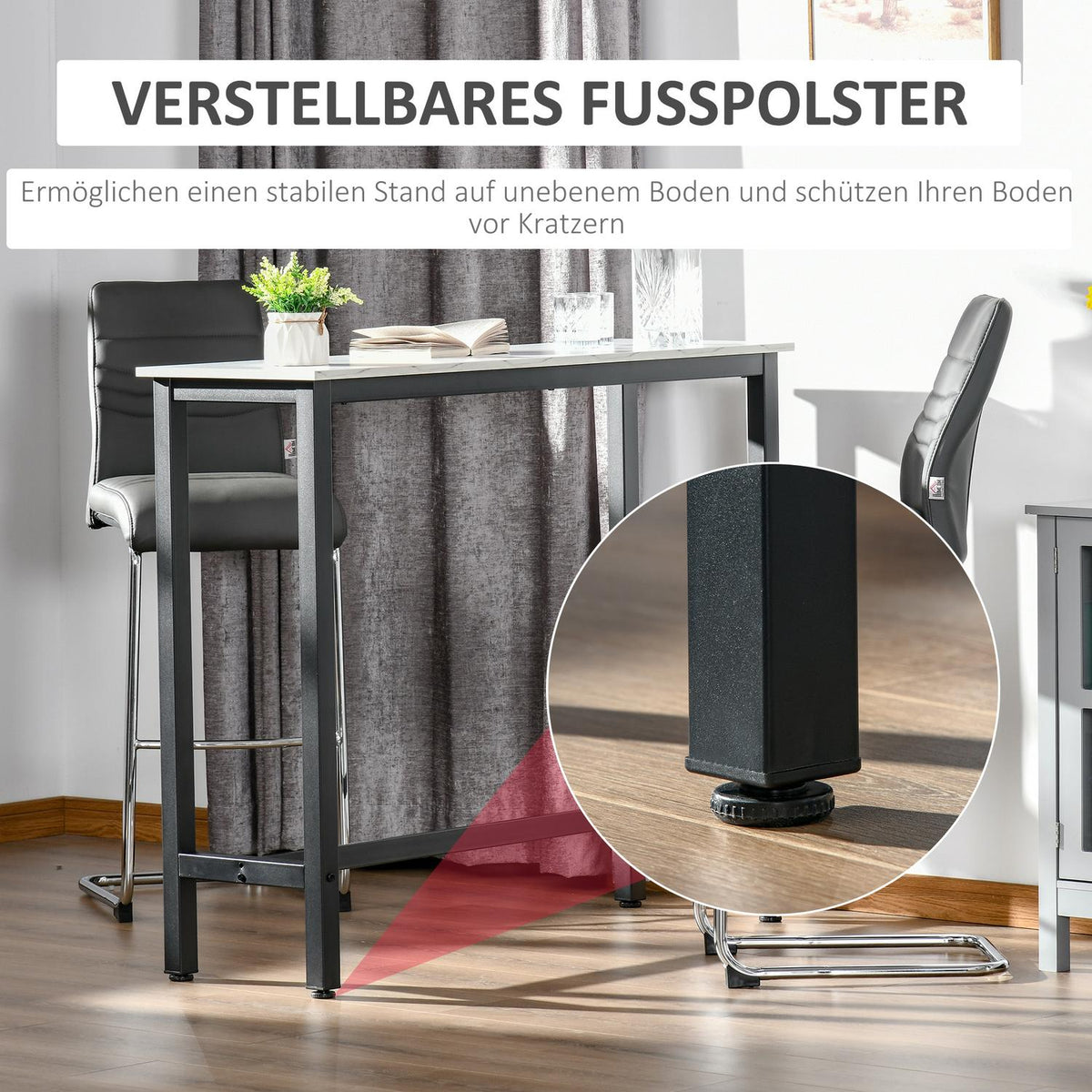Bar table, bar table with marble look, kitchen table with adjustable feet for living room, dining room, steel 120 x 40 x 100 cm white + black