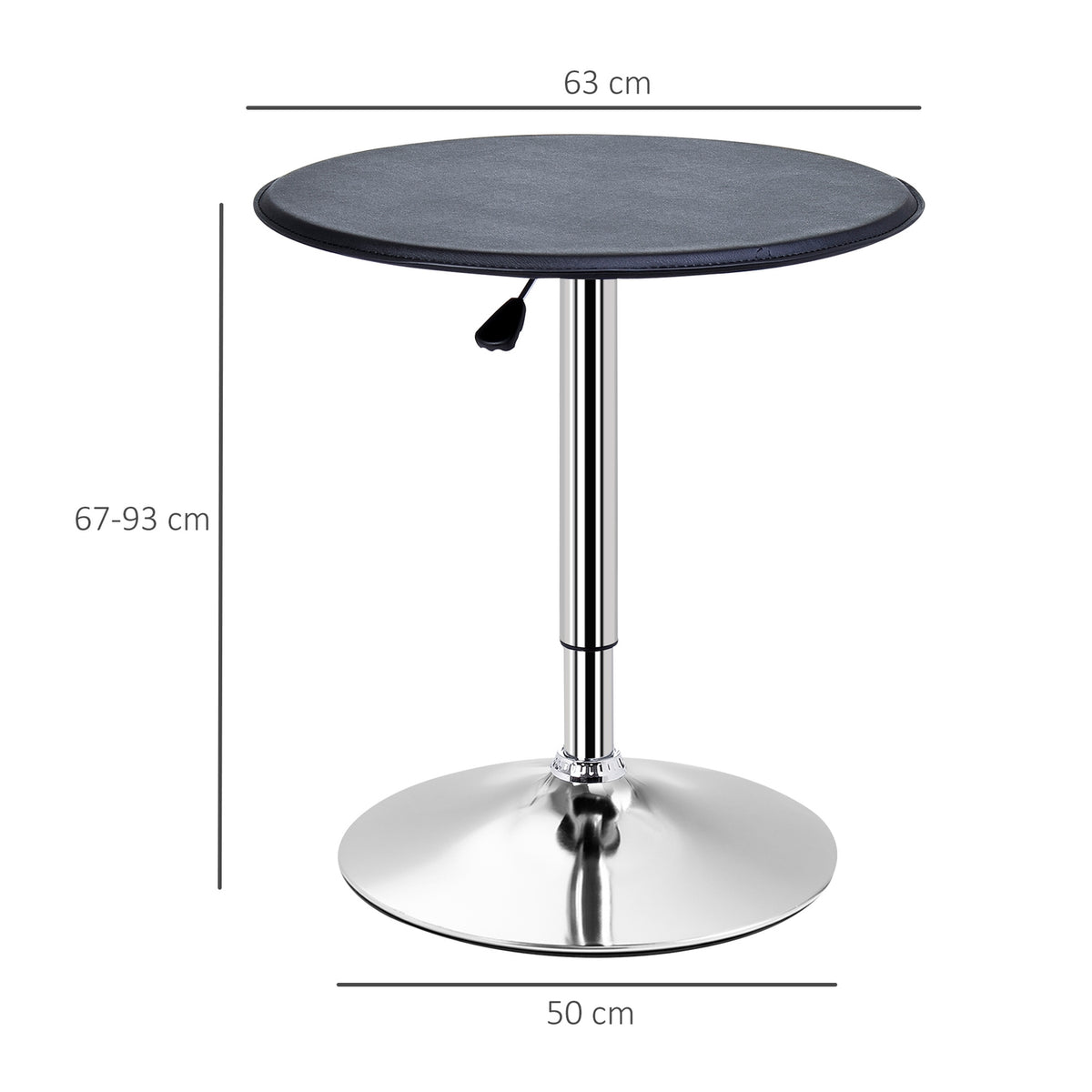 Bar table, dining table, bar table, counter table, kitchen table for living room, dining room, chrome steel, faux leather, black, Ø63 x 67 - 93 cm