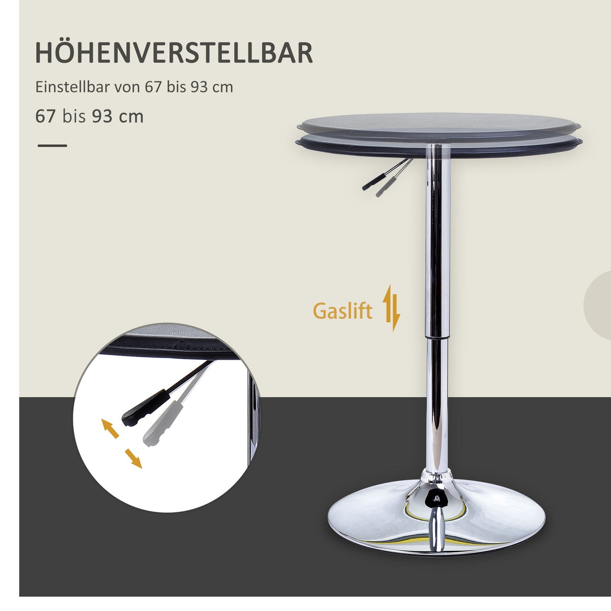Bar table, dining table, bar table, counter table, kitchen table for living room, dining room, chrome steel, faux leather, black, Ø63 x 67 - 93 cm