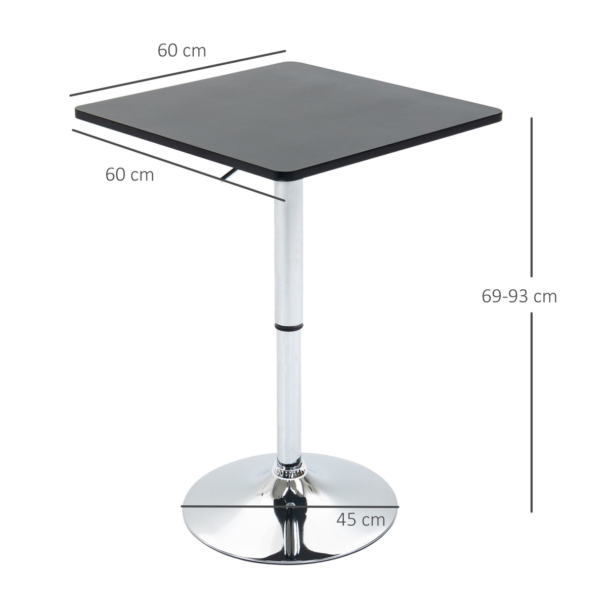 Bar table, height-adjustable bar table with rotating table top, non-slip kitchen table for living room, dining room, black, 60 x 60 x 69-93 cm