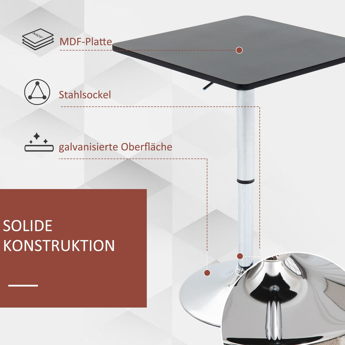 Bar table, height-adjustable bar table with rotating table top, non-slip kitchen table for living room, dining room, black, 60 x 60 x 69-93 cm