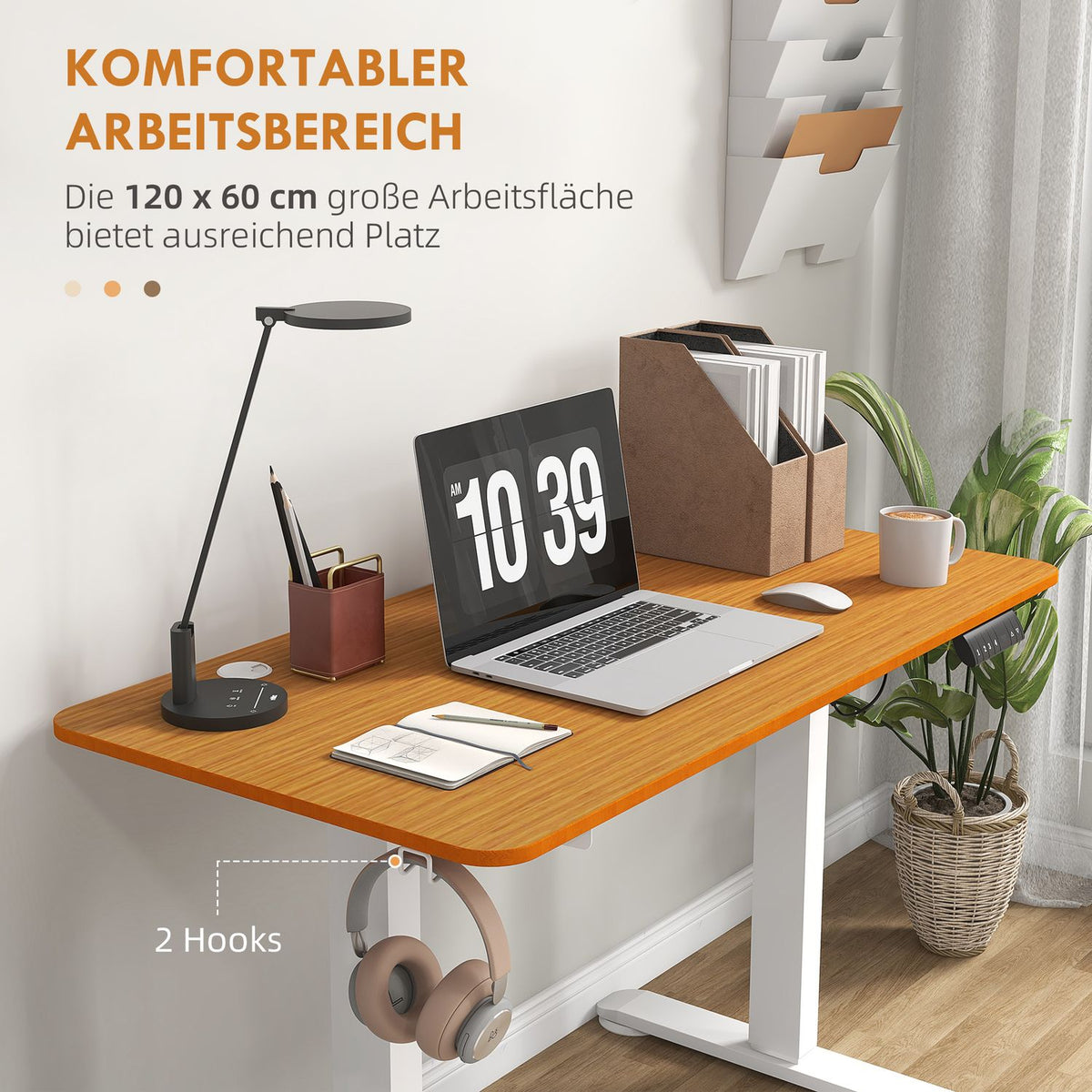 Bar table height adjustable, electric, 120x60x72-116cm, with anti-collision, cable box, hook for hanging, chipboard, natural wood
