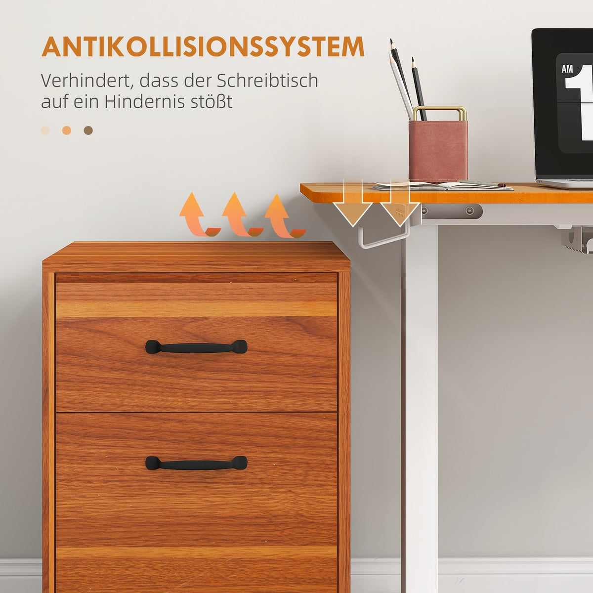 Bar table height adjustable, electric, 120x60x72-116cm, with anti-collision, cable box, hook for hanging, chipboard, natural wood